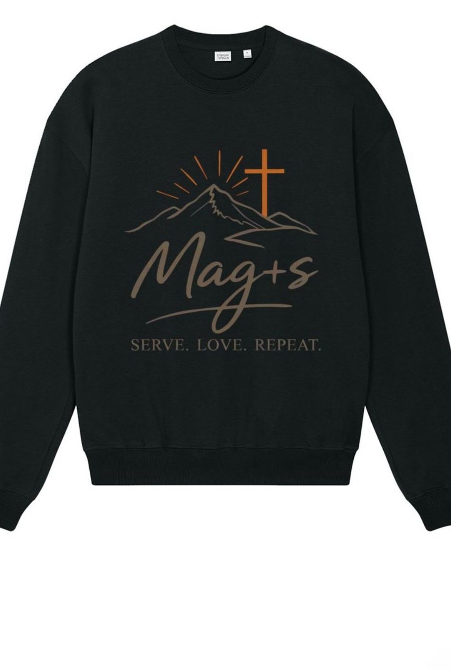 Black crewneck sweater with the Mag+s mountain and cross design