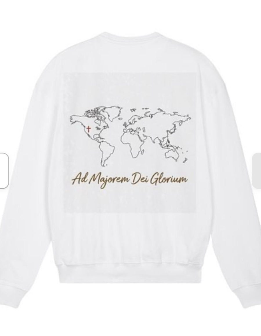 Sweater back print of a world map marked with a cross over the United States, reading Ad Majorem Dei Gloriam