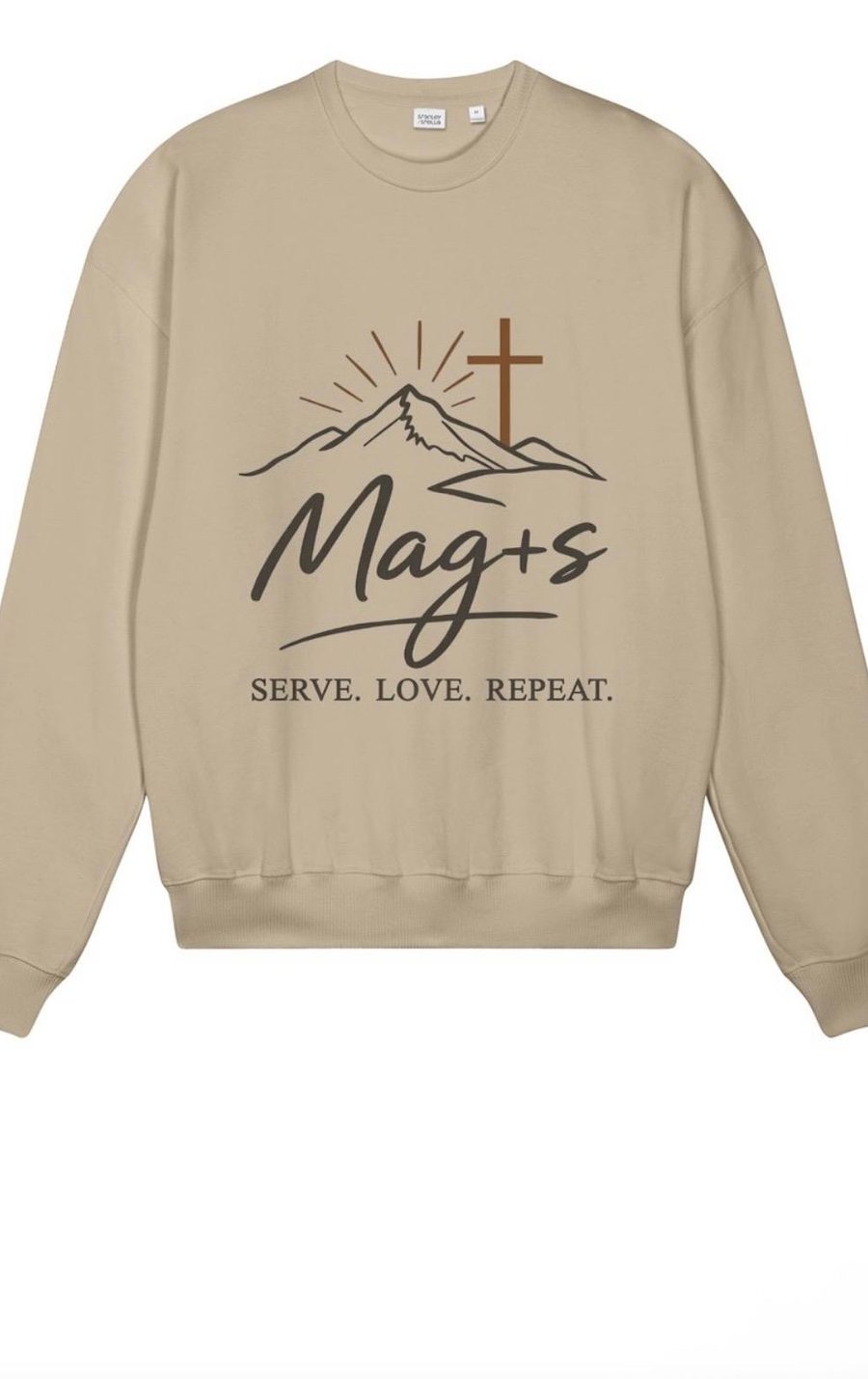 Natural crewneck sweater with the Mag+s mountain and cross design